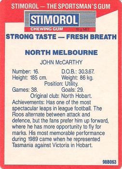 1990 AFL Scanlens Stimorol #107 John McCarthy Back